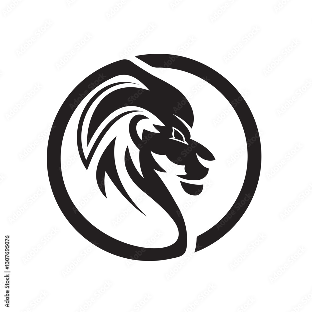 Naklejka premium A bold, stylized logo of a lion's head, set within a circle.