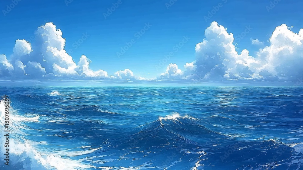 Fototapeta premium Serene ocean waves gently roll under a vibrant blue sky dotted with fluffy white clouds. AI Generated