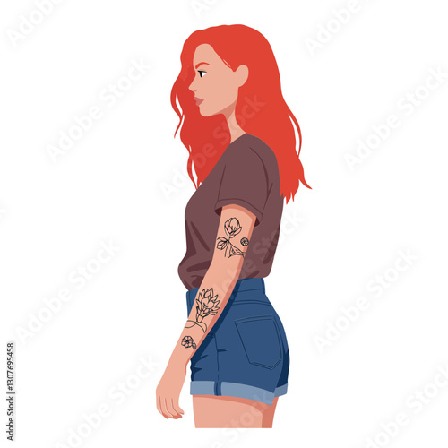 Young woman with vibrant red hair and floral tattoos in a flat vector illustration style