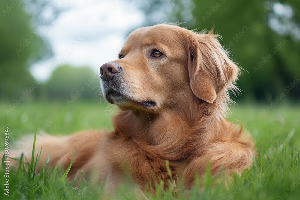 Golden retriever resting in a lush green park during a sunny afternoon Generative AI Golden retriever resting in a lush green park during a sunny afternoon Generative AI