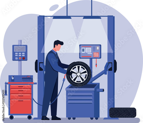 Mechanic working on a car tire at an automotive workshop in flat vector illustration