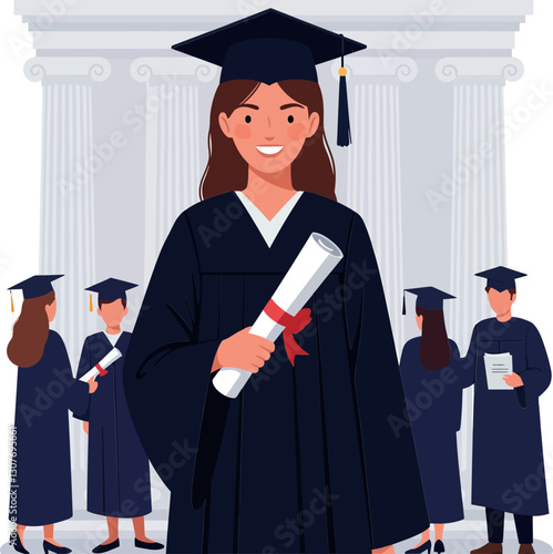 Graduate student in cap and gown holding diploma celebrating achievement in flat vector art