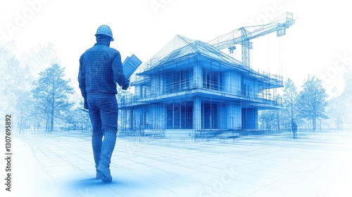 Architect walks site, blueprint house construction, crane, forest background