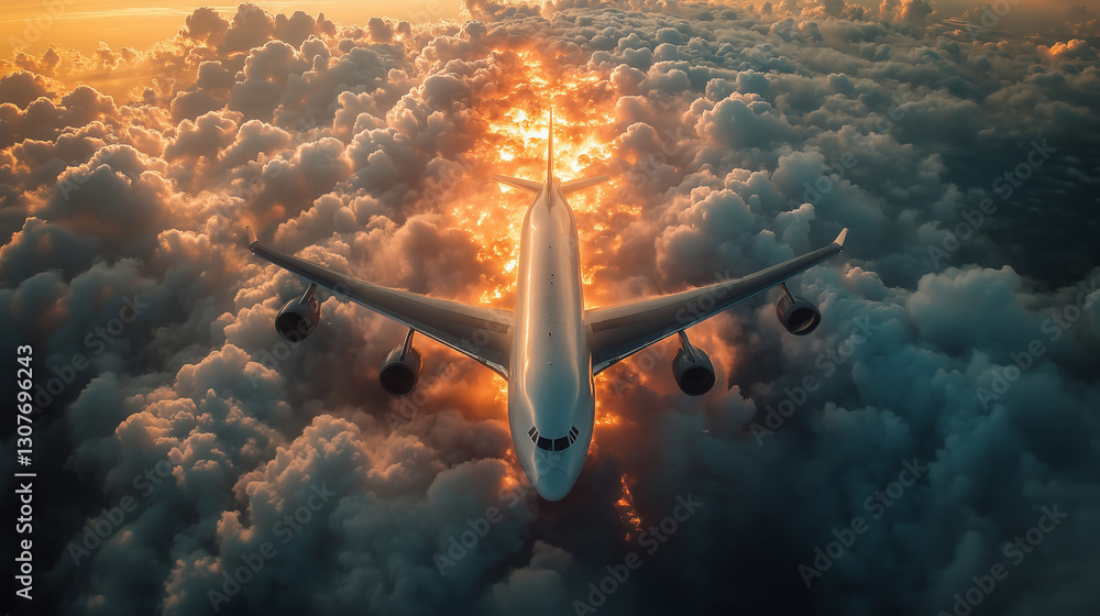Fototapeta premium Cargo jet in flight over clouds aerial view aviation photography