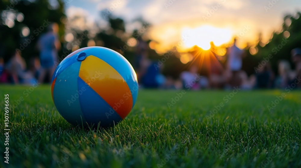 Colorful beach ball on grassy park at sunset (1) Colorful beach ball on grassy park at sunset (1)