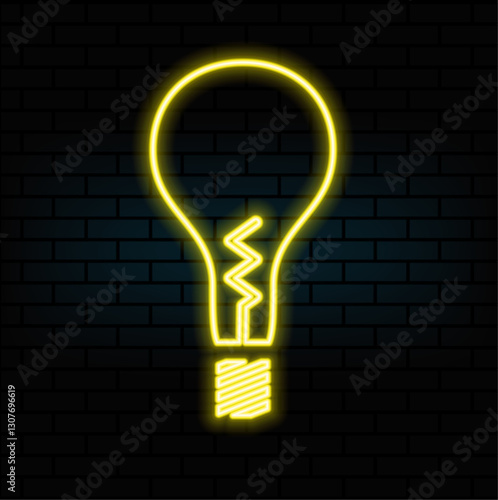 Outline neon electric lamp icon. Glowing neon lamp frame with lightning sign, flash idea pictogram. Electric energy and fuel, electrical charge power, creative solution. Vector icon set.yellow