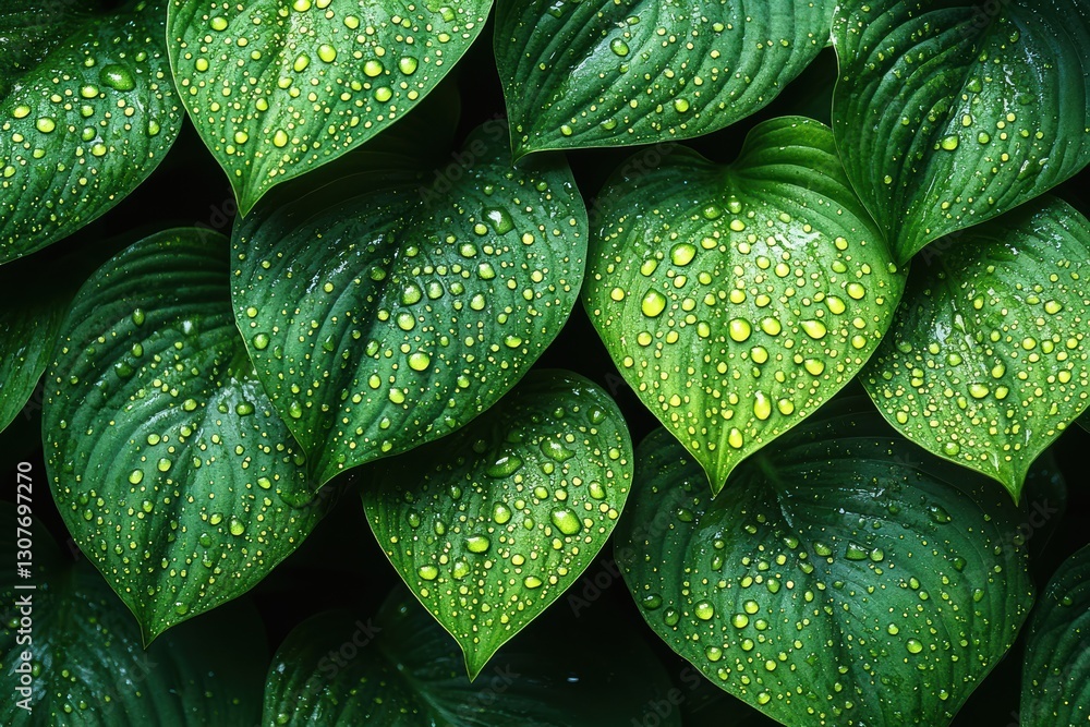 Obraz premium Lush green hosta leaves adorned with glistening water droplets after rainfall