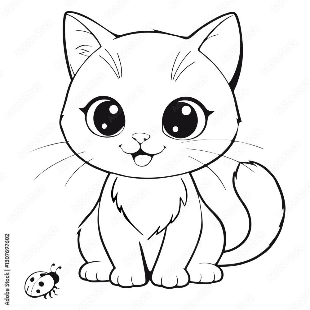 A cute cartoon kitten with large eyes and whiskers sits happily, looking at a ladybug on the ground.ai A cute cartoon kitten with large eyes and whiskers sits happily, looking at a ladybug on the ground.ai