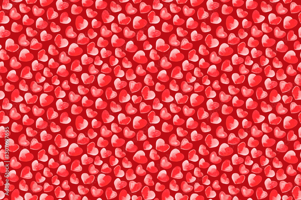 Abstract red background. Seamless pattern of watercolor red hearts.