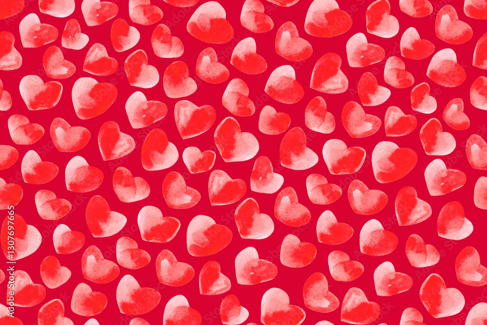 Abstract red background. Seamless pattern of watercolor red hearts.