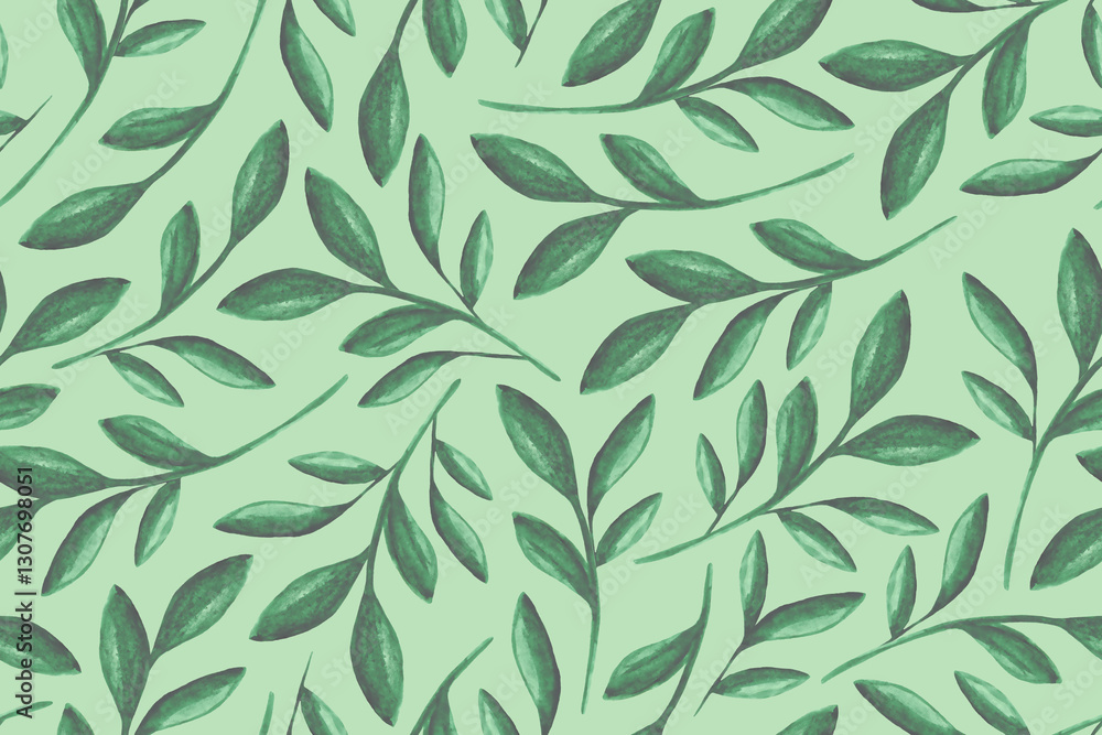Seamless pattern of green watercolor plants on a white background. Spring nature watercolor background