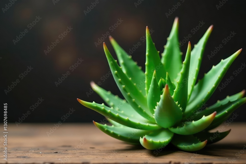 Fototapeta premium Green aloe vera plant with thick succulent leaves on a wooden table, plant, succulent