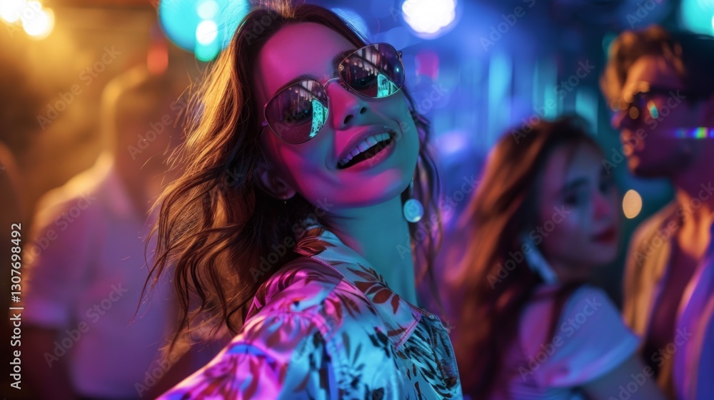 Obraz premium Woman wearing sunglasses against a backdrop of bright lights and festive atmosphere, perfect for advertising nightclubs, parties or entertainment events.