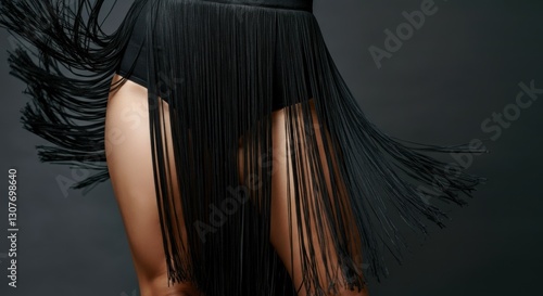 Close-up of stylish fringed skirt on female legs in motion photo