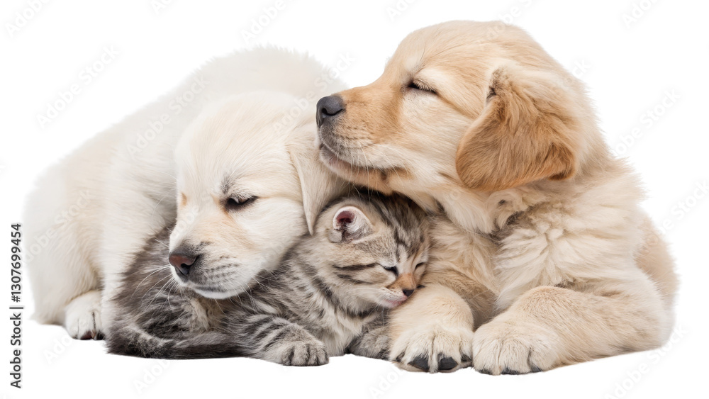 Golden Retriever Puppies and Kitten Cuddle, Three Pets Composition, Isolated on Transparent Background, Animal Friendship, Pet Love, puppies, kitten, pets Golden Retriever Puppies and Kitten Cuddle, Three Pets Composition, Isolated on Transparent Background, Animal Friendship, Pet Love, puppies, kitten, pets
