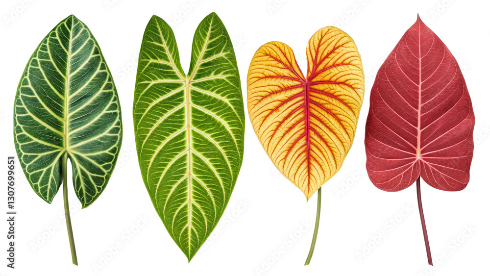 Obraz premium Four Alocasia Leaves, Vibrant Colors, Heart Shape, Isolated on Transparent Background, Botanical Illustration, Alocasia, Tropical Leaves, Plant