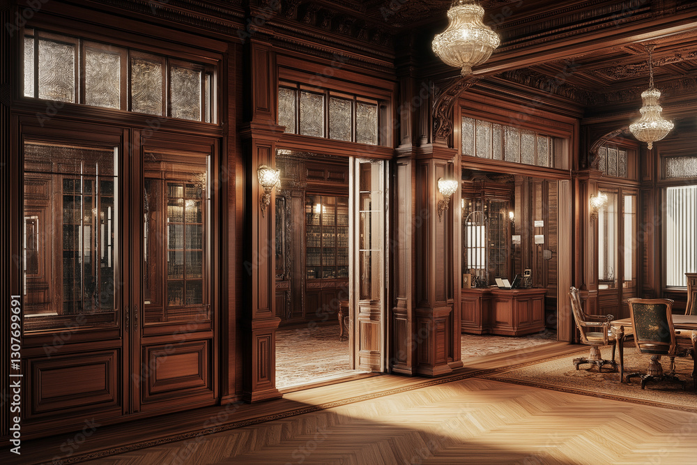 Victorian office interior with ornate glass partitions, merging classic refinement with modern sophistication Victorian office interior with ornate glass partitions, merging classic refinement with modern sophistication