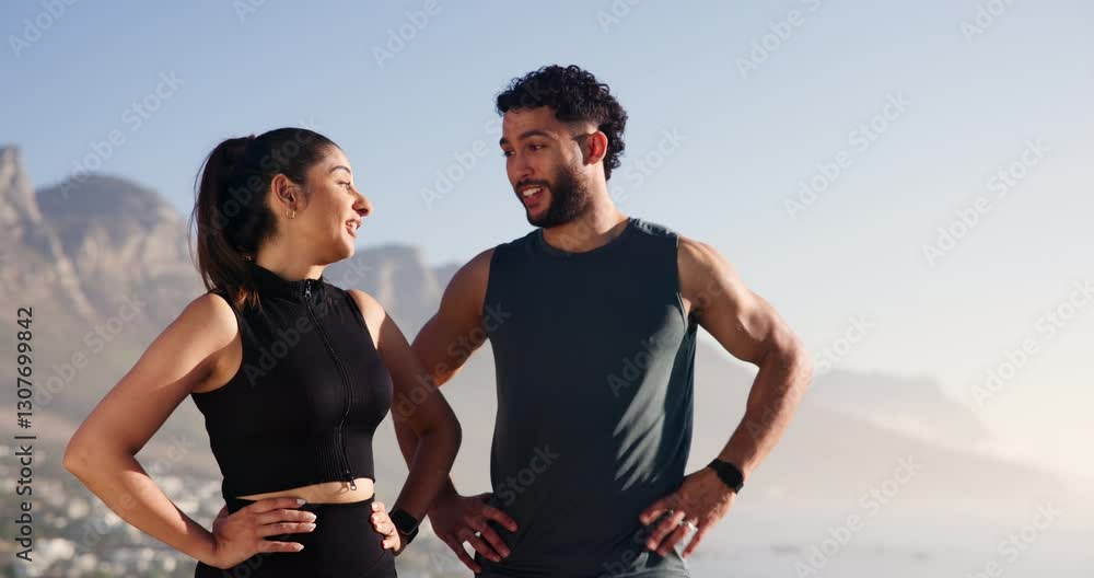 Fitness, nature and couple with smart watch for exercise, training and workout together. Sports, mountain and man and woman check health tracking for wellness, performance and cardio in morning Fitness, nature and couple with smart watch for exercise, training and workout together. Sports, mountain and man and woman check health tracking for wellness, performance and cardio in morning