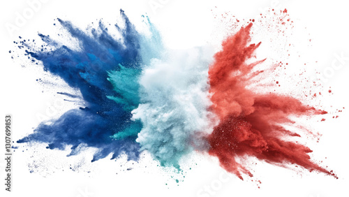 Abstract Red, White, and Blue Powder Explosion Isolated on Transparent Background, Color Burst, Holi Festival, Color explosion, powder paint, design element