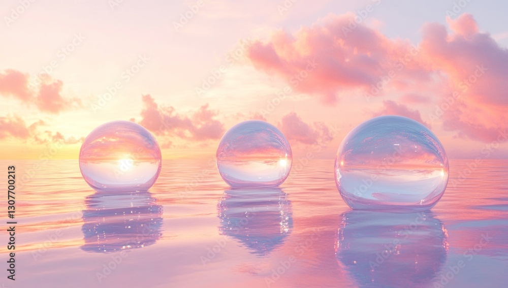 Three crystal spheres reflecting a pastel sunset over a calm sea. Three crystal spheres reflecting a pastel sunset over a calm sea.
