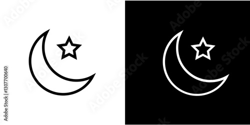 Icon set of crescent moon with stars on white background.