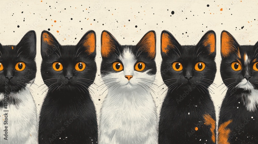 Five cats with orange eyes stare intently, speckled background, potential pet adoption ad Five cats with orange eyes stare intently, speckled background, potential pet adoption ad