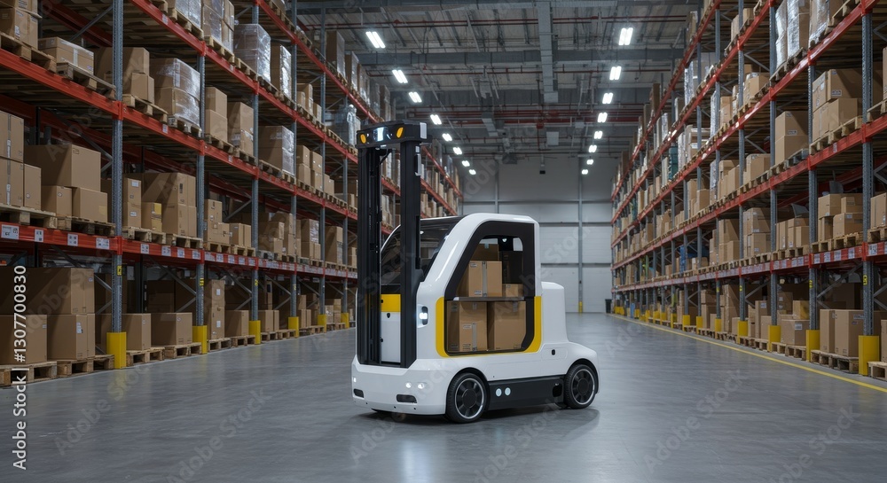 Automated Warehouse Forklift Efficiency - A white automated forklift transports boxes in a large warehouse with high orange shelves. Efficient logistics Automated Warehouse Forklift Efficiency - A white automated forklift transports boxes in a large warehouse with high orange shelves. Efficient logistics