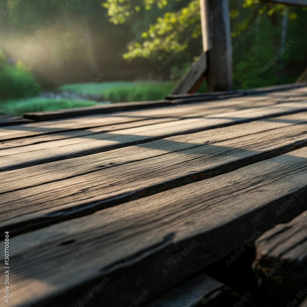 Rustic wooden bridge in sunlit forest clearing Rustic wooden bridge in sunlit forest clearing