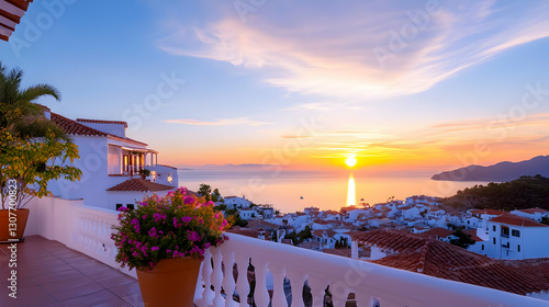 Mediterranean Hilltop Village Sunset: Vibrant Sky over Whitewashed Houses photo