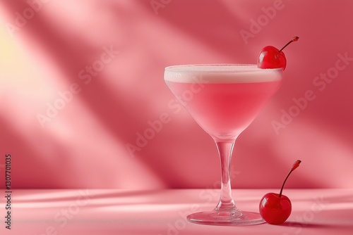 Elegant Pink Lady Cocktail in Coupe Glass with Frothy Texture, Cherry, and Glow photo