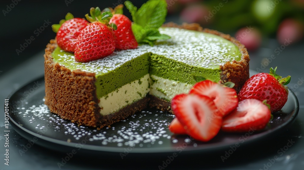 A delightful matcha cheesecake topped with strawberries and a dusting of powdered sugar awaits. A delightful matcha cheesecake topped with strawberries and a dusting of powdered sugar awaits.