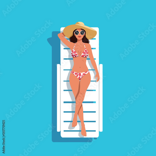 Woman relaxing on a sun lounger under a bright blue sky in flat vector art