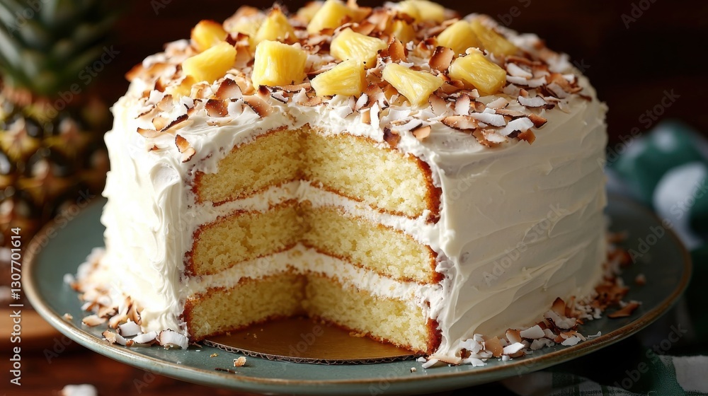 A layered pineapple and coconut cake with white frosting, perfect for celebrations and sweet indulgence. A layered pineapple and coconut cake with white frosting, perfect for celebrations and sweet indulgence.