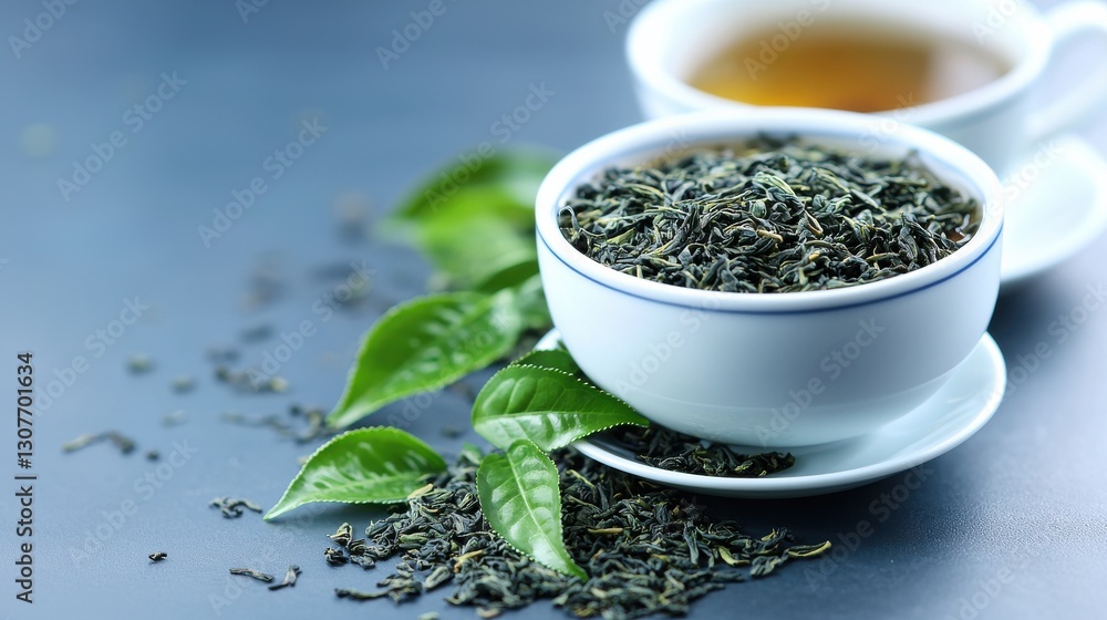 Fresh green tea leaves beside a cup of brewed tea. Fresh green tea leaves beside a cup of brewed tea.