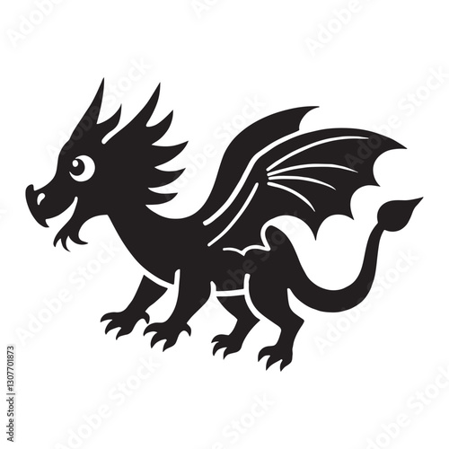 Black Silhouette of a Cartoon Dragon - Fantasy Mythical Creature Icon