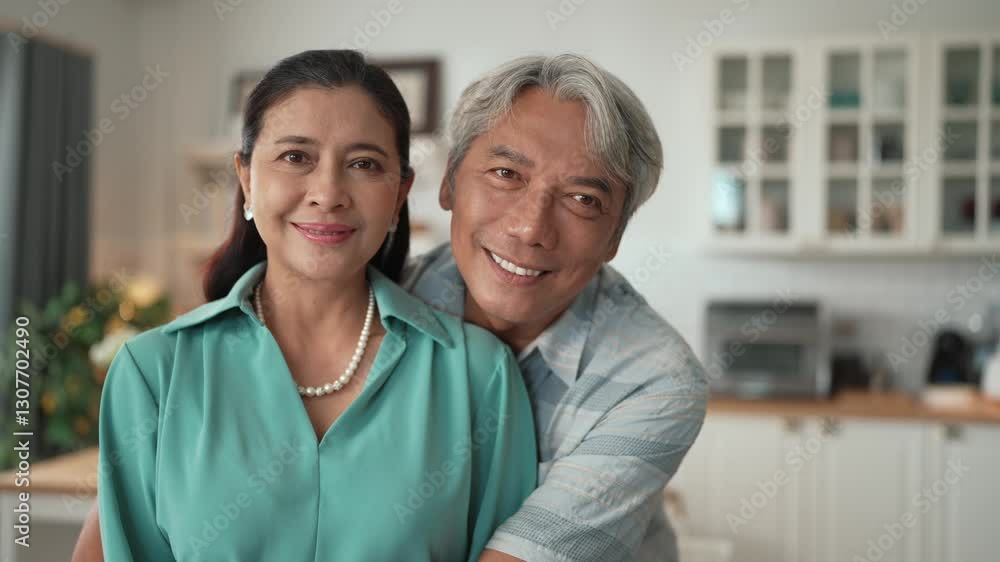 Happy senior couple with casual cloth spending time together and hugging at modern kitchen. Grandmother and grandfather holding hand together and looking at camera. Healthy relationship. Myrmidon. Happy senior couple with casual cloth spending time together and hugging at modern kitchen. Grandmother and grandfather holding hand together and looking at camera. Healthy relationship. Myrmidon.