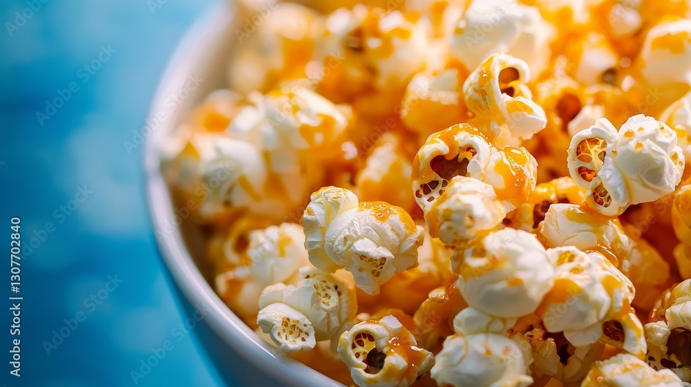 The image is a close-up of caramel popcorn in a white bowl The image is a close-up of caramel popcorn in a white bowl