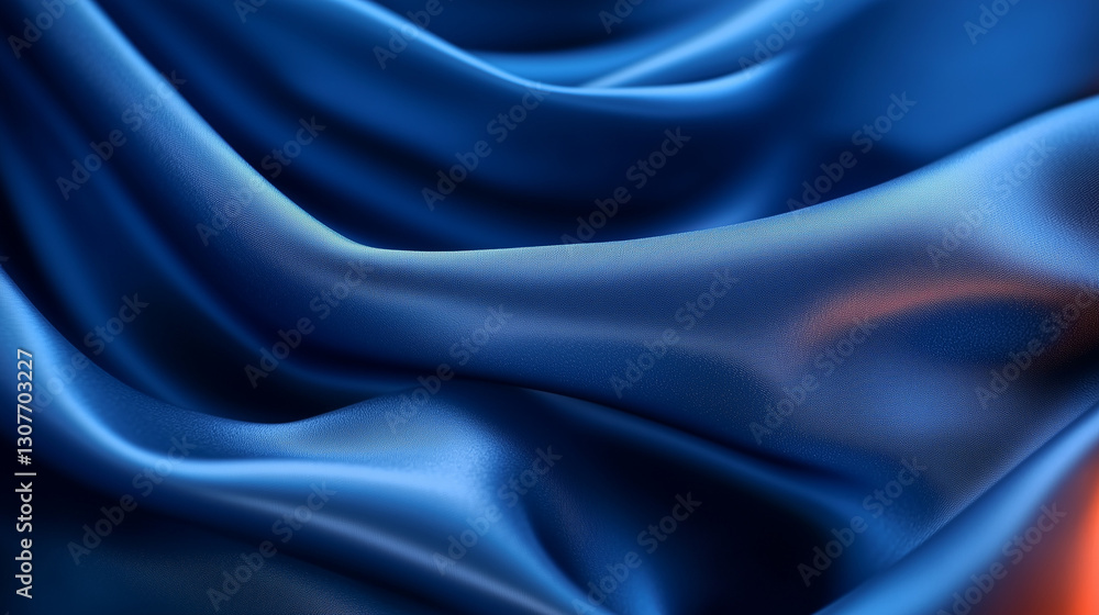 Luxurious Blue Satin Fabric with Flowing Waves and Touch of Warm Hues Luxurious Blue Satin Fabric with Flowing Waves and Touch of Warm Hues
