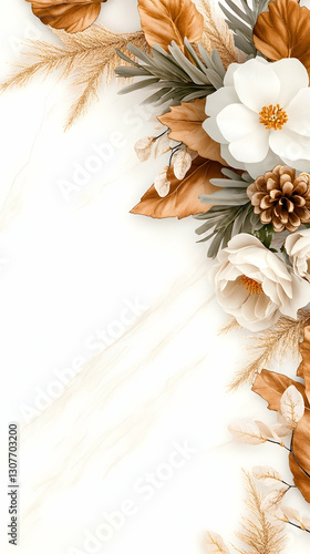 Elegant floral arrangement autumnal blooms & foliage on white, ideal for stationery or invitations