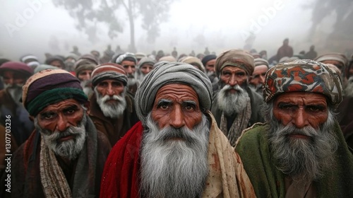 A gathering of Pashtun men in Pakistan is shrouded in fog, showcasing the faces of an ancient culture. photo