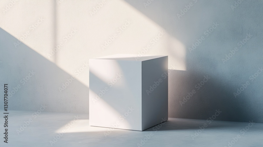 Fototapeta premium Minimalist white cube in sunlit room with subtle shadows, mockup of a box with a blank space