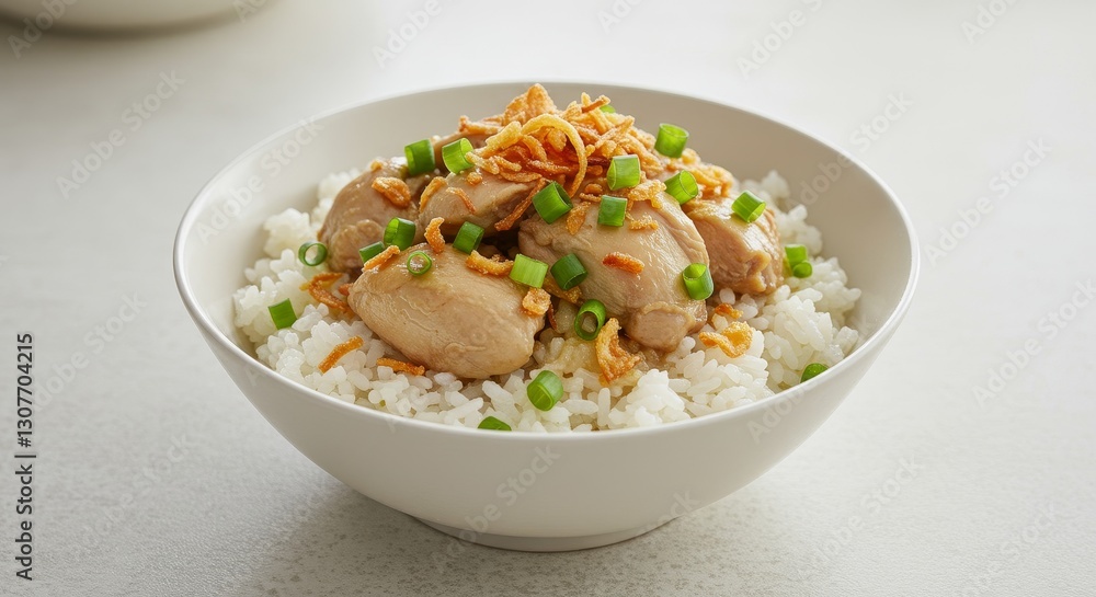 Chicken and Rice Bowl with Crispy Onions - Delicious bowl of steamed rice topped with tender chicken pieces and crispy fried onions. A simple yet satisfying meal Chicken and Rice Bowl with Crispy Onions - Delicious bowl of steamed rice topped with tender chicken pieces and crispy fried onions. A simple yet satisfying meal