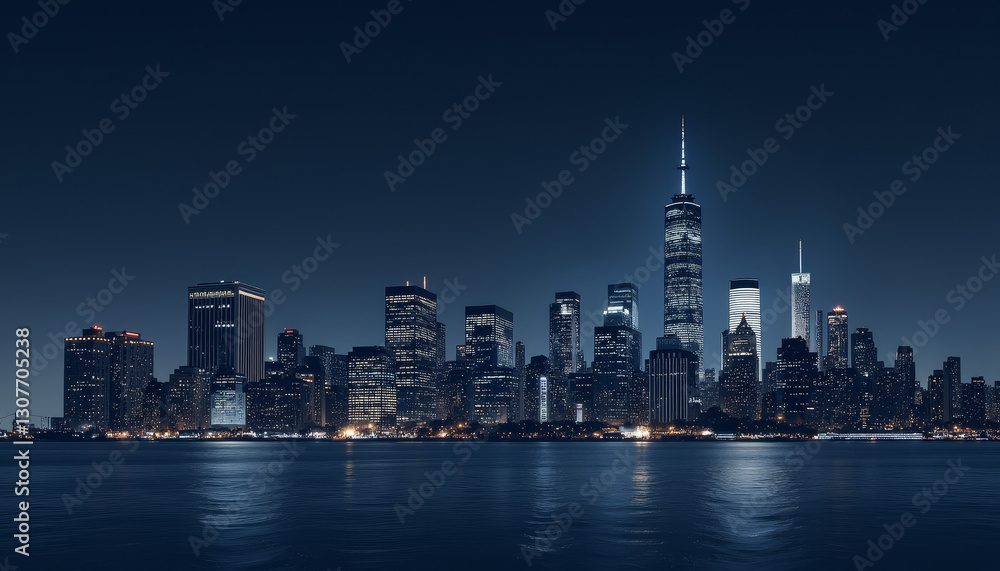 Obraz premium Minimalist urban skyline silhouette at night over calm water, tranquility