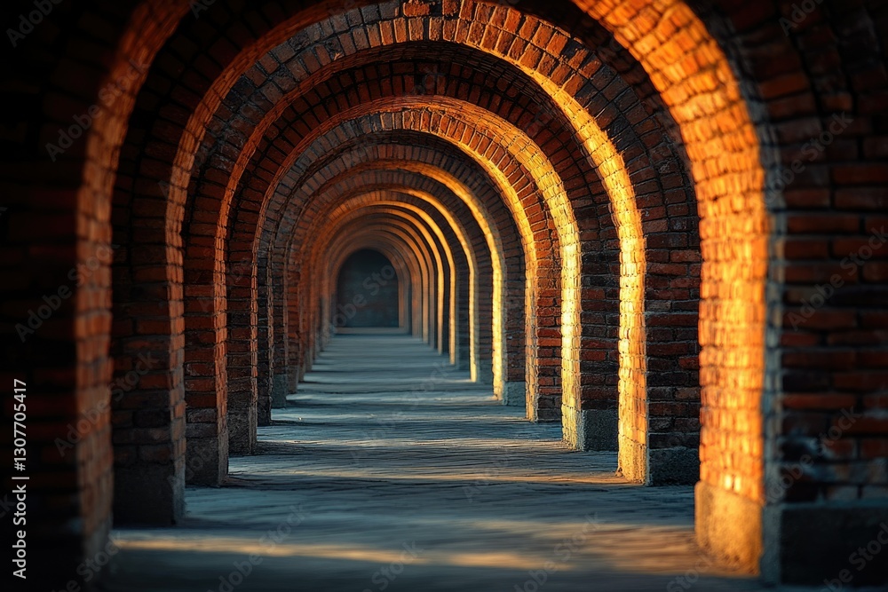 Fototapeta premium A long corridor with brick arches illuminated by sunlight, creating a captivating perspective.