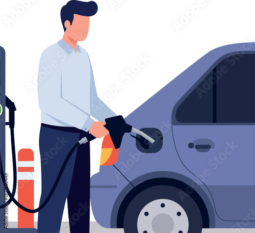 A man refueling a car at a gas station in a flat vector illustration style showcasing modern transportation and daily activities in a vibrant urban setting vector art