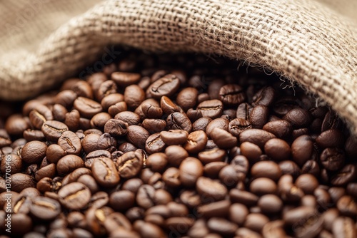 Freshly roasted coffee beans spilling from burlap sack in a cozy setting Generative AI