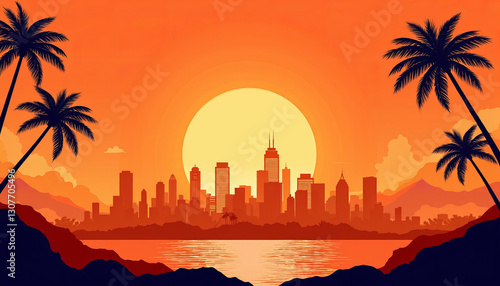 Tropical city silhouette against sunset, vibrant urban beauty