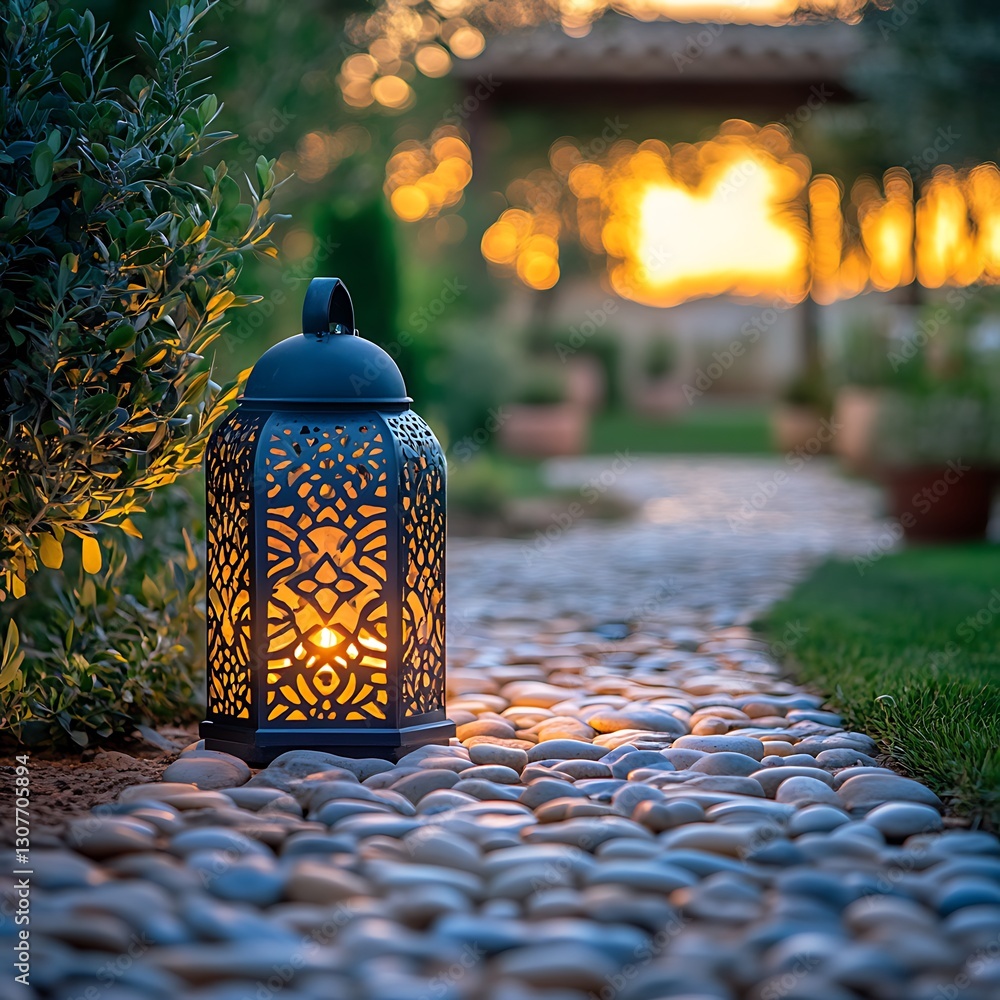Illuminated Lantern on Garden Path Sunset Illuminated Lantern on Garden Path Sunset
