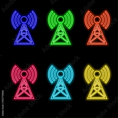 Glowing neon line Antenna icon isolated on black background. Radio antenna wireless. Technology and network signal radio antenna. Colorful outline concept.