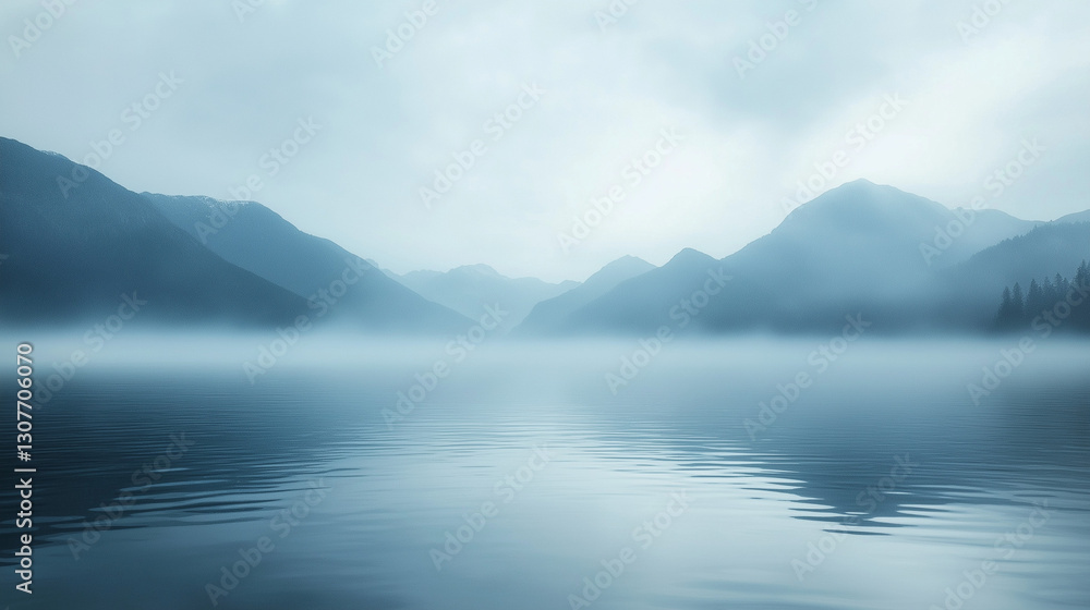 Serene lake with distant mountains and dense fog, creating a tranquil, almost ethereal natural landscape. Serene lake with distant mountains and dense fog, creating a tranquil, almost ethereal natural landscape.